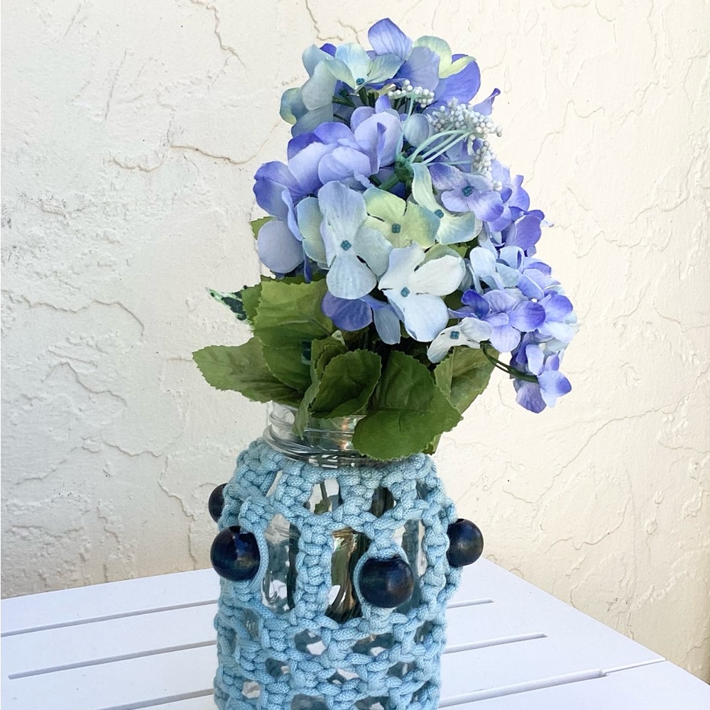 Vase Macrame Hand Crafted Floral Decor Accent Blue Navy Beads Botanical Gift - Picture 6 of 12